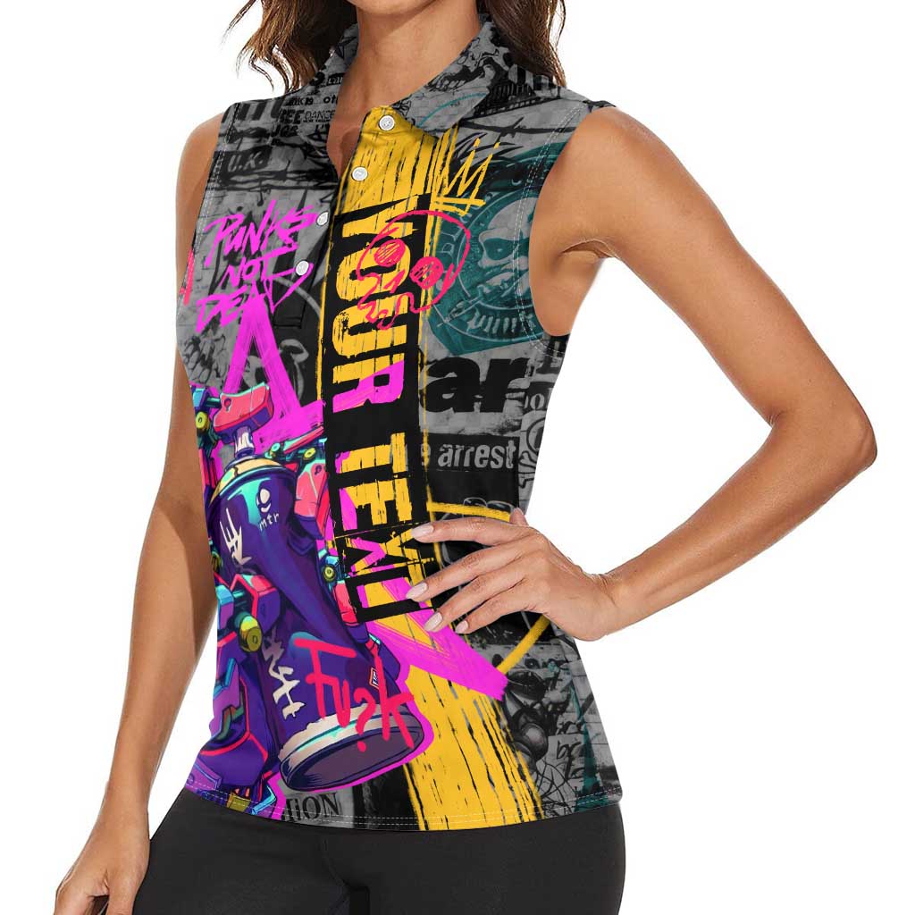 Punk Cheetah Graffiti Women Sleeveless Polo Shirt with Punk Not Dead Street Art and Neon Jungle Design - Wonder Print Shop