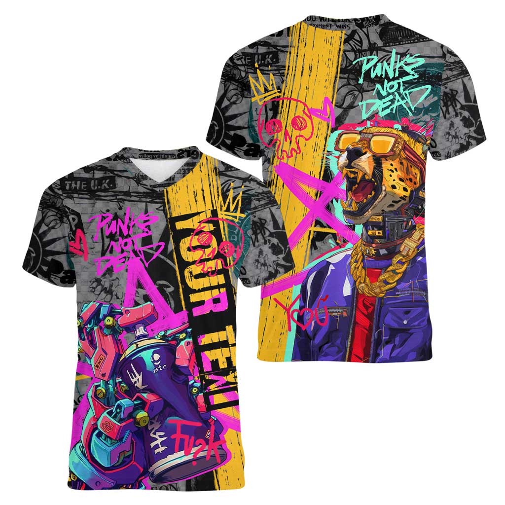 Punk Cheetah Graffiti Women V-Neck T-Shirt with Punk Not Dead Street Art and Neon Jungle Design - Wonder Print Shop