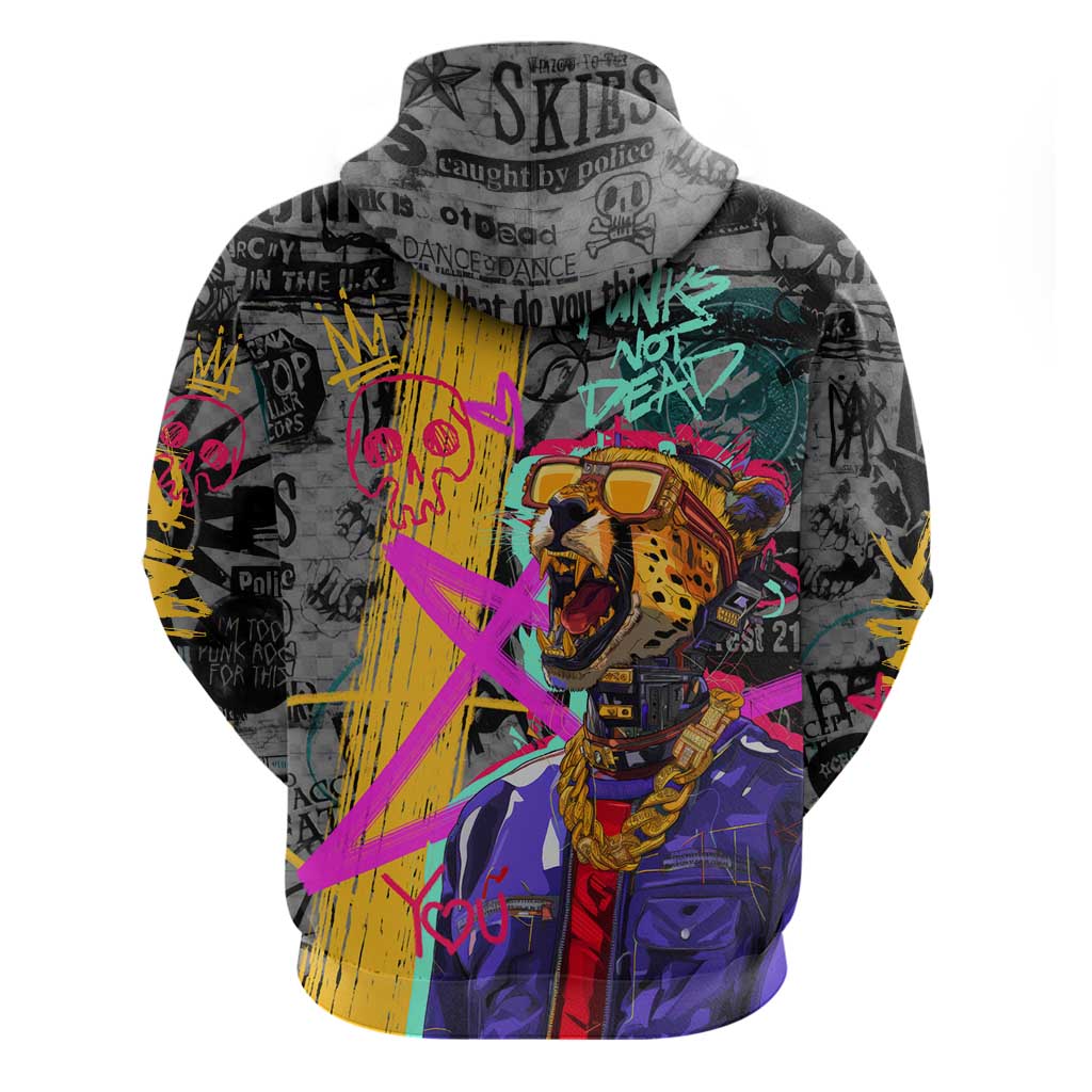 Punk Cheetah Graffiti Zip Hoodie with Punk Not Dead Street Art and Neon Jungle Design - Wonder Print Shop