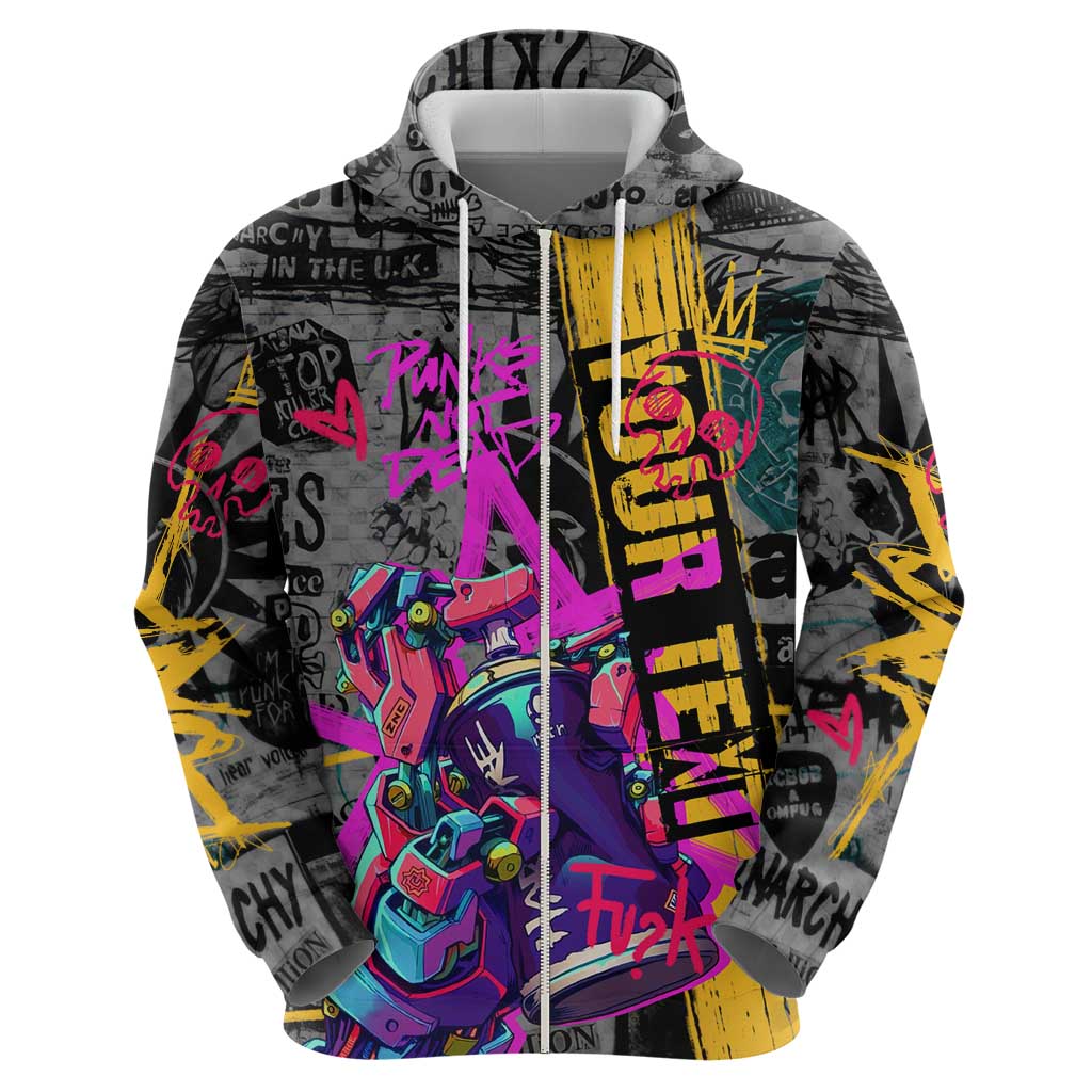 Punk Cheetah Graffiti Zip Hoodie with Punk Not Dead Street Art and Neon Jungle Design - Wonder Print Shop