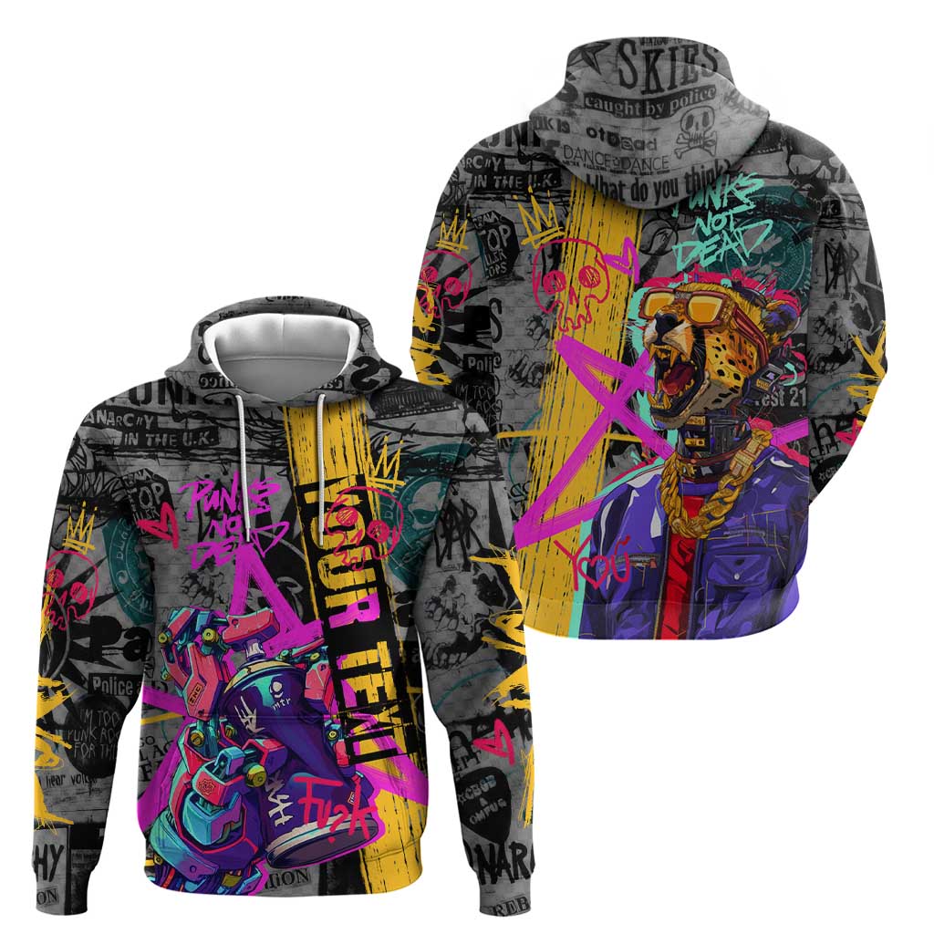 Punk Cheetah Graffiti Zip Hoodie with Punk Not Dead Street Art and Neon Jungle Design - Wonder Print Shop