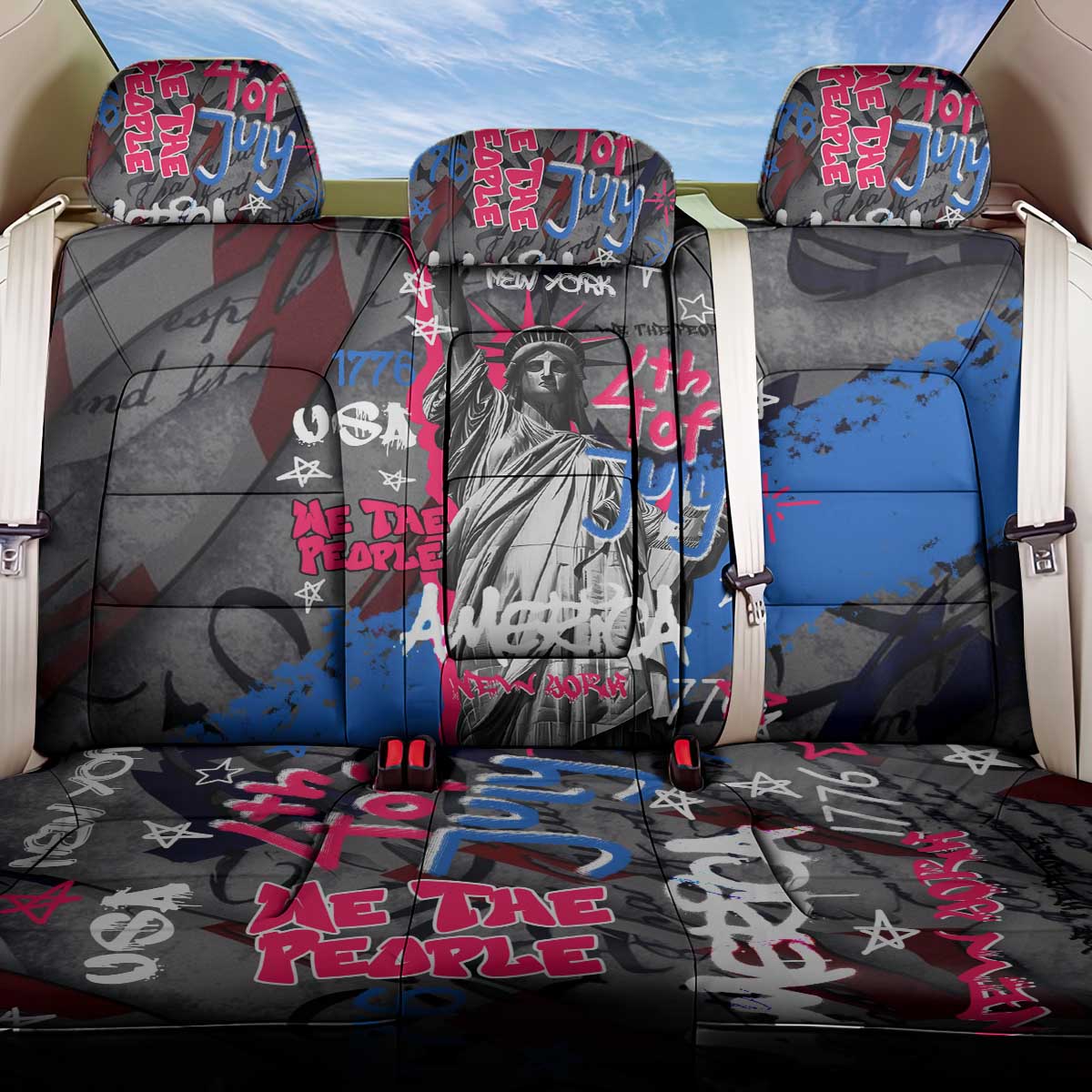 4th of July Graffiti Back Car Seat Cover with Statue of Liberty and American Independence Street Art Design - Wonder Print Shop