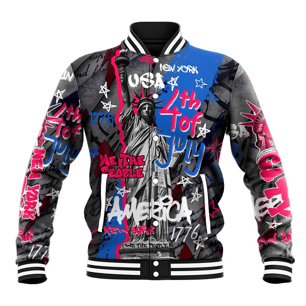 4th of July Graffiti Baseball Jacket with Statue of Liberty and American Independence Street Art Design - Wonder Print Shop