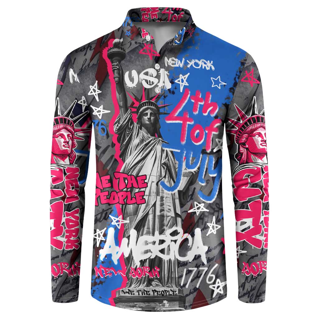 4th of July Graffiti Button Sweatshirt with Statue of Liberty and American Independence Street Art Design - Wonder Print Shop