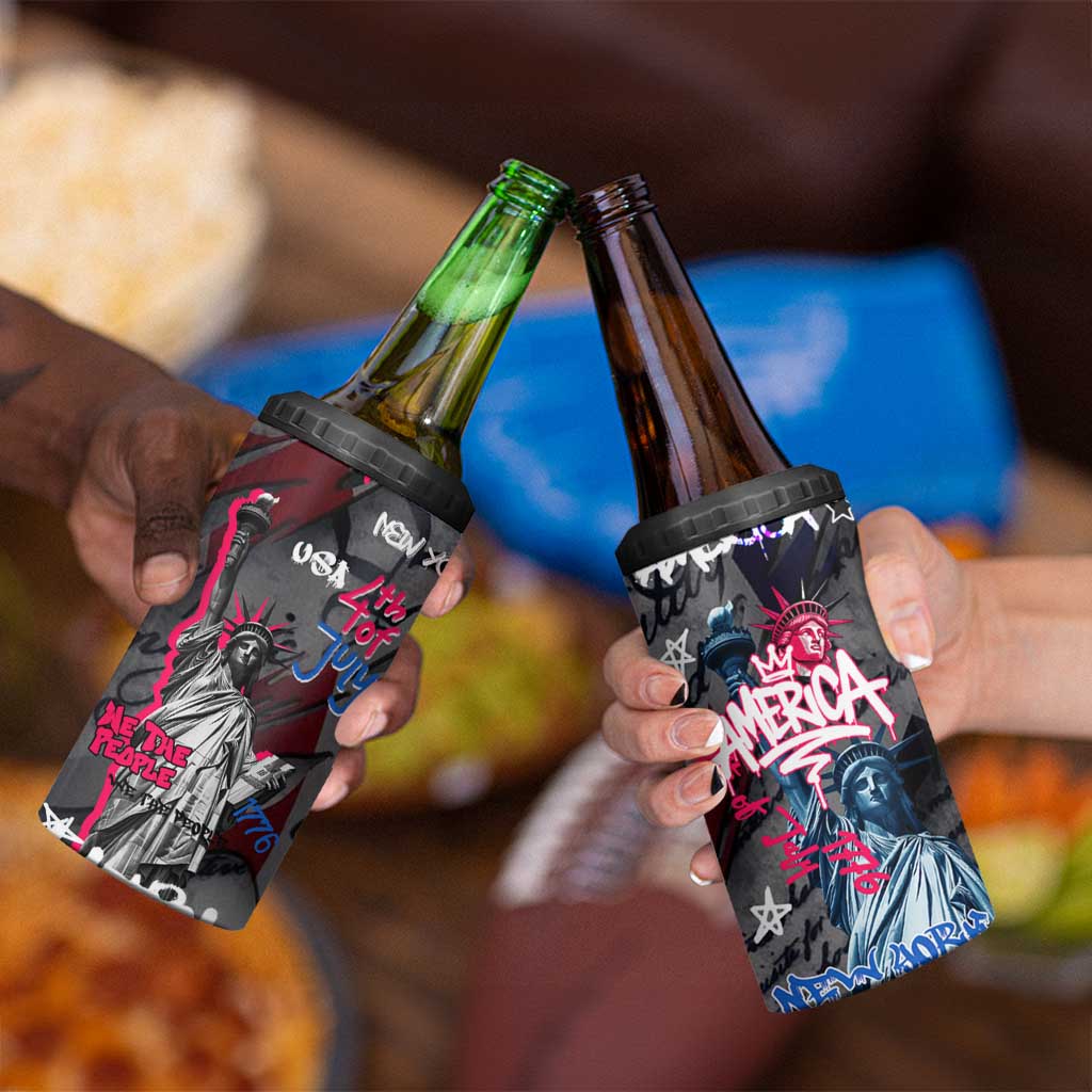 4th of July Graffiti 4 in 1 Can Cooler Tumbler with Statue of Liberty and American Independence Street Art Design - Wonder Print Shop