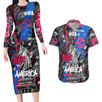 4th of July Graffiti Couples Matching Long Sleeve Bodycon Dress and Hawaiian Shirt with Statue of Liberty and American Independence Street Art Design - Wonder Print Shop
