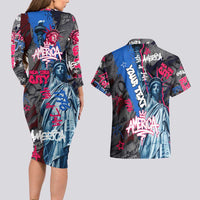 4th of July Graffiti Couples Matching Long Sleeve Bodycon Dress and Hawaiian Shirt with Statue of Liberty and American Independence Street Art Design - Wonder Print Shop