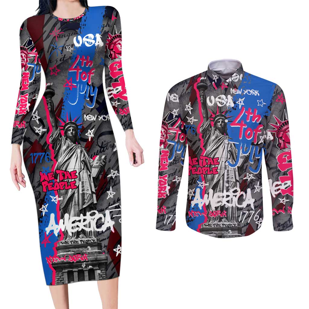 4th of July Graffiti Couples Matching Long Sleeve Bodycon Dress and Long Sleeve Button Shirt with Statue of Liberty and American Independence Street Art Design - Wonder Print Shop