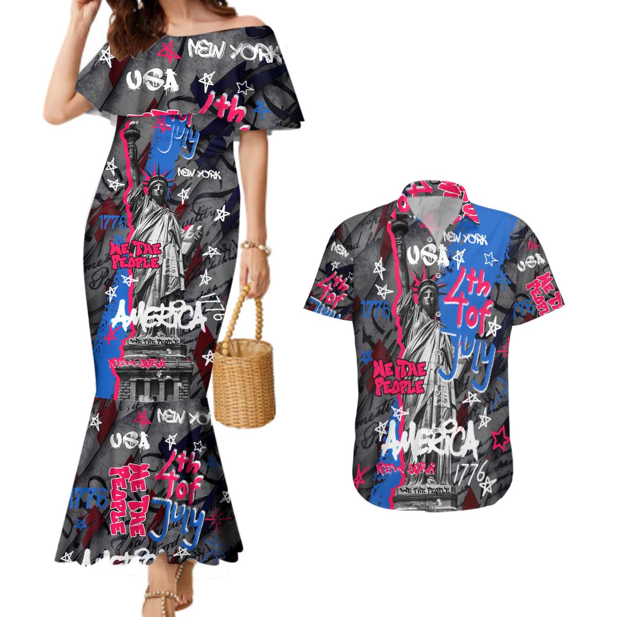 4th of July Graffiti Couples Matching Mermaid Dress and Hawaiian Shirt with Statue of Liberty and American Independence Street Art Design - Wonder Print Shop