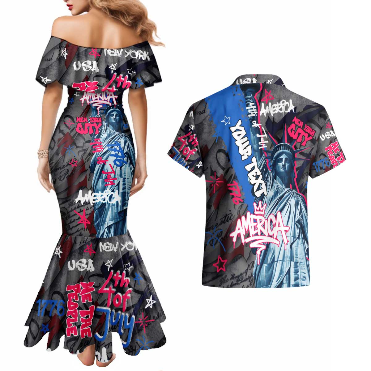 4th of July Graffiti Couples Matching Mermaid Dress and Hawaiian Shirt with Statue of Liberty and American Independence Street Art Design - Wonder Print Shop