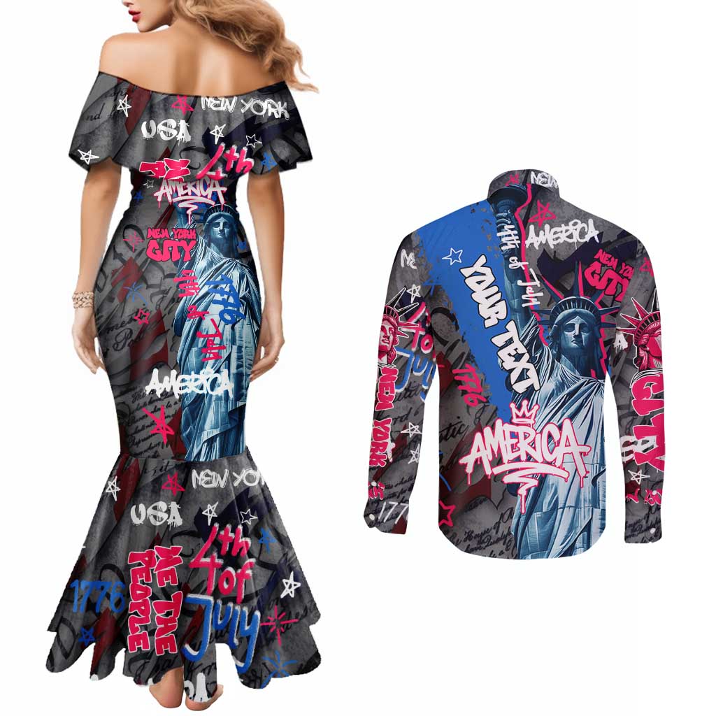 4th of July Graffiti Couples Matching Mermaid Dress and Long Sleeve Button Shirt with Statue of Liberty and American Independence Street Art Design - Wonder Print Shop