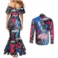 4th of July Graffiti Couples Matching Mermaid Dress and Long Sleeve Button Shirt with Statue of Liberty and American Independence Street Art Design - Wonder Print Shop