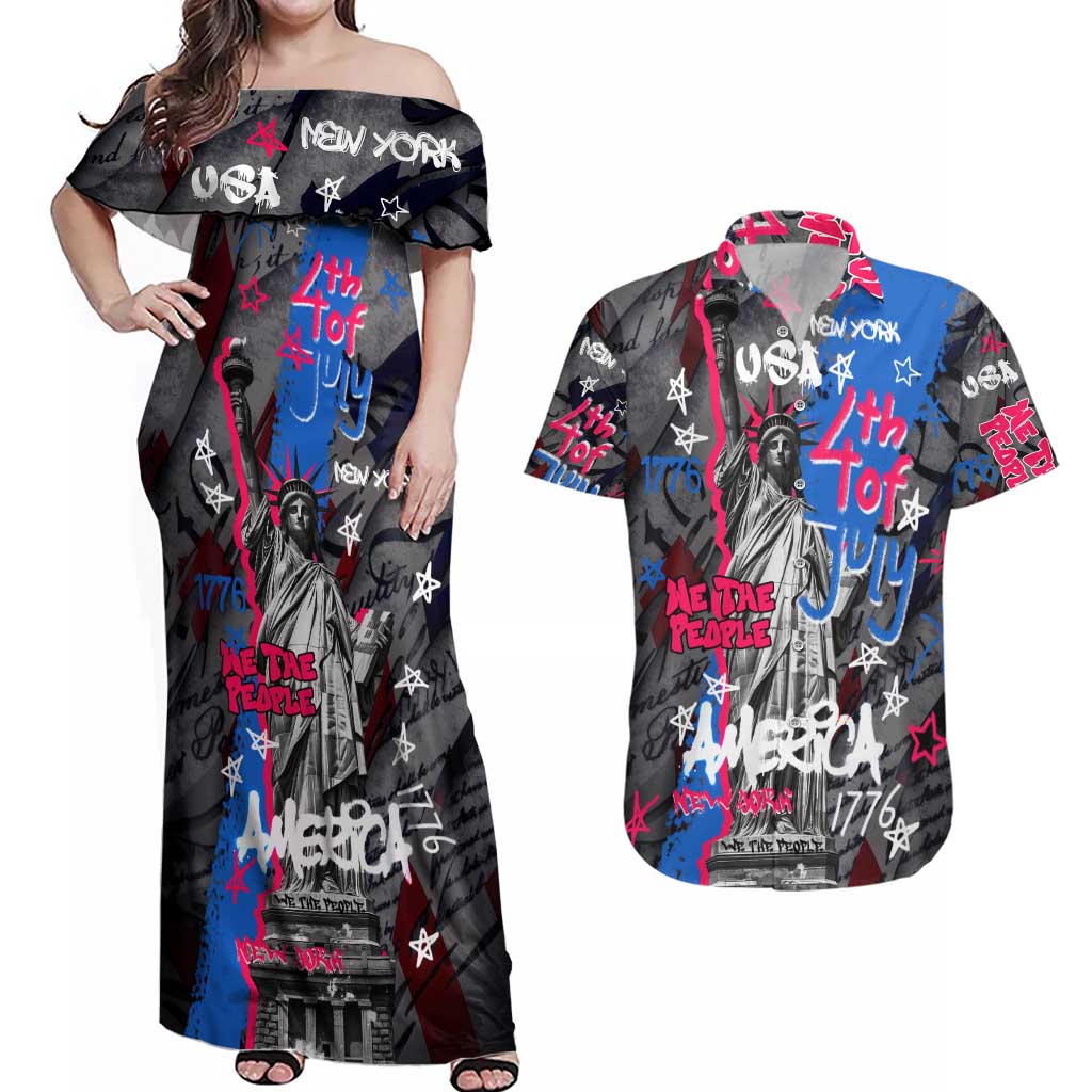 4th of July Graffiti Couples Matching Off Shoulder Maxi Dress and Hawaiian Shirt with Statue of Liberty and American Independence Street Art Design - Wonder Print Shop
