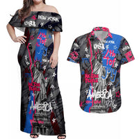 4th of July Graffiti Couples Matching Off Shoulder Maxi Dress and Hawaiian Shirt with Statue of Liberty and American Independence Street Art Design - Wonder Print Shop