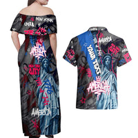 4th of July Graffiti Couples Matching Off Shoulder Maxi Dress and Hawaiian Shirt with Statue of Liberty and American Independence Street Art Design - Wonder Print Shop