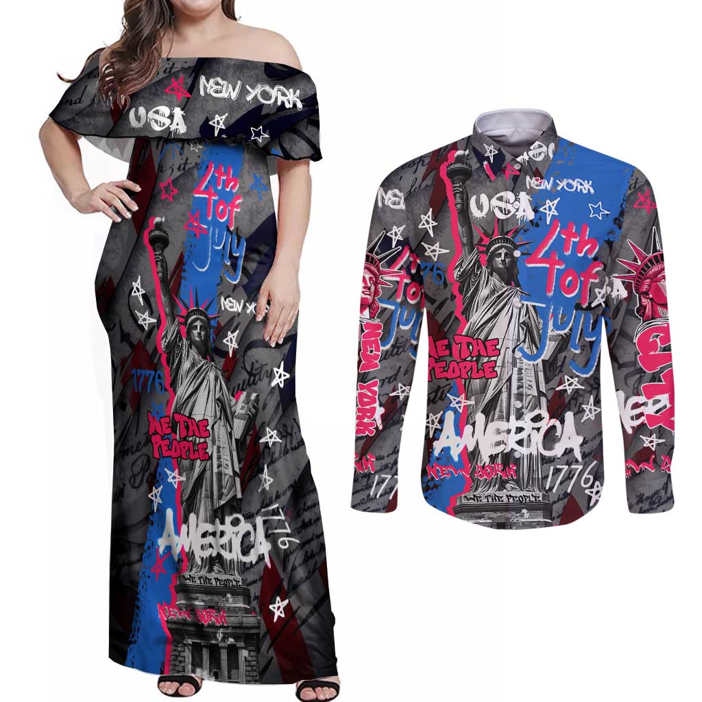 4th of July Graffiti Couples Matching Off Shoulder Maxi Dress and Long Sleeve Button Shirt with Statue of Liberty and American Independence Street Art Design - Wonder Print Shop