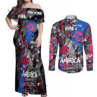 4th of July Graffiti Couples Matching Off Shoulder Maxi Dress and Long Sleeve Button Shirt with Statue of Liberty and American Independence Street Art Design - Wonder Print Shop