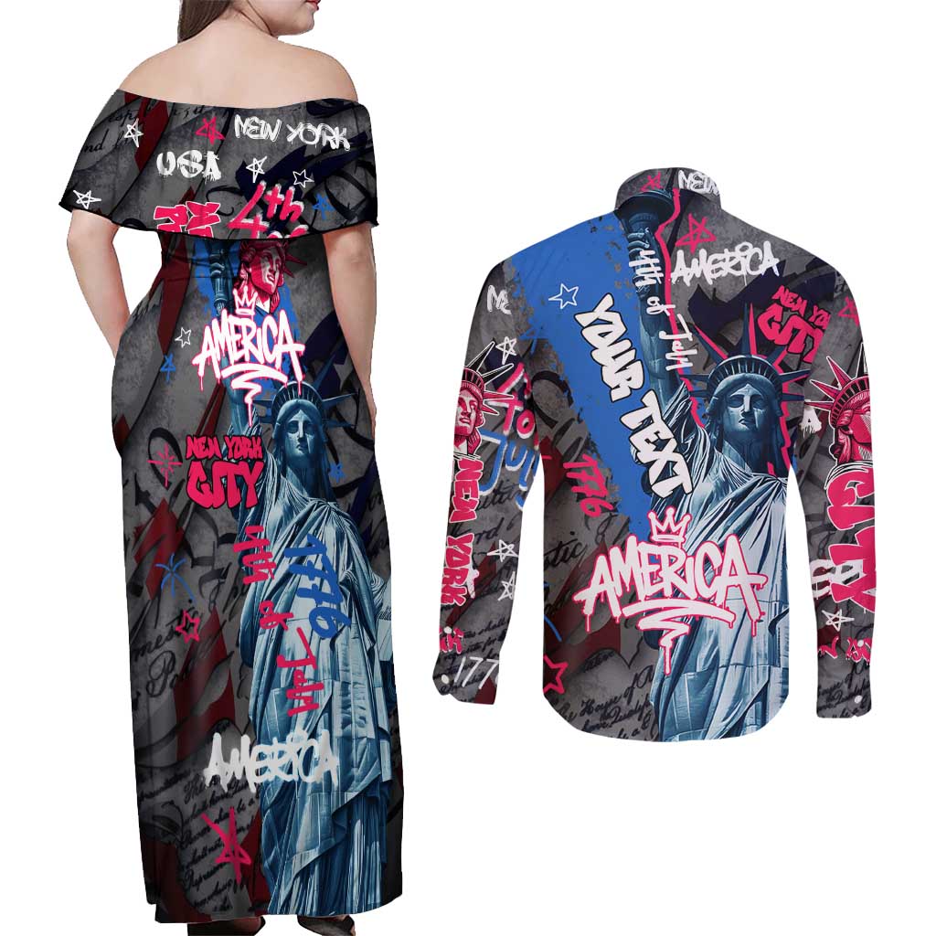 4th of July Graffiti Couples Matching Off Shoulder Maxi Dress and Long Sleeve Button Shirt with Statue of Liberty and American Independence Street Art Design - Wonder Print Shop