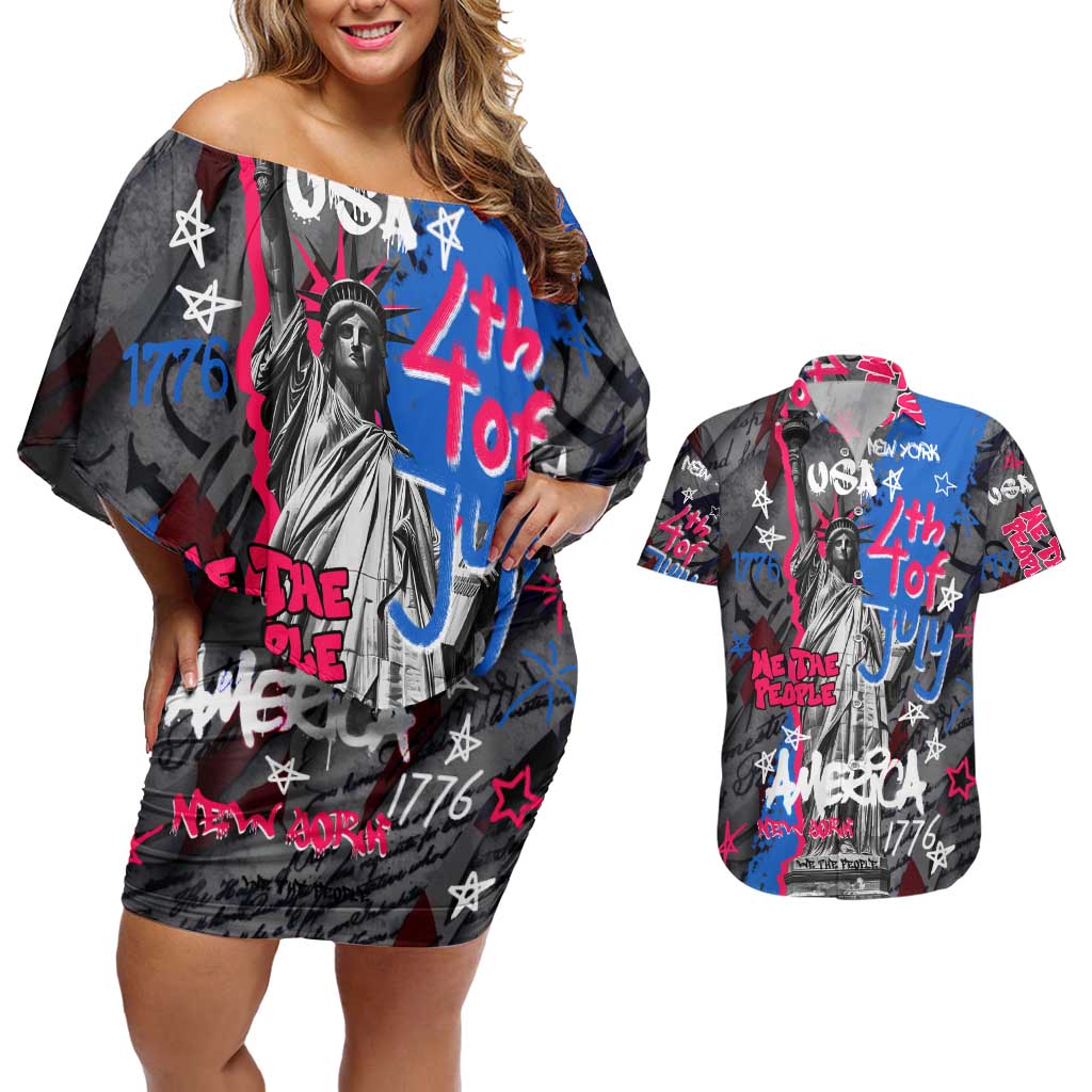 4th of July Graffiti Couples Matching Off Shoulder Short Dress and Hawaiian Shirt with Statue of Liberty and American Independence Street Art Design - Wonder Print Shop