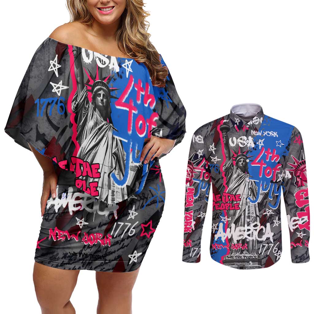 4th of July Graffiti Couples Matching Off Shoulder Short Dress and Long Sleeve Button Shirt with Statue of Liberty and American Independence Street Art Design - Wonder Print Shop