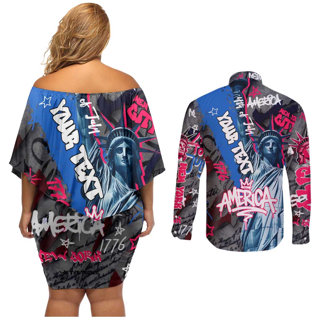 4th of July Graffiti Couples Matching Off Shoulder Short Dress and Long Sleeve Button Shirt with Statue of Liberty and American Independence Street Art Design - Wonder Print Shop