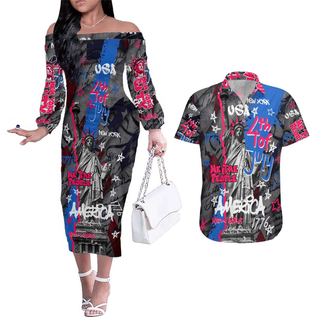 4th of July Graffiti Couples Matching Off The Shoulder Long Sleeve Dress and Hawaiian Shirt with Statue of Liberty and American Independence Street Art Design - Wonder Print Shop