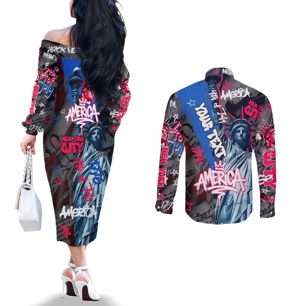 4th of July Graffiti Couples Matching Off The Shoulder Long Sleeve Dress and Long Sleeve Button Shirt with Statue of Liberty and American Independence Street Art Design - Wonder Print Shop