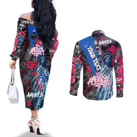 4th of July Graffiti Couples Matching Off The Shoulder Long Sleeve Dress and Long Sleeve Button Shirt with Statue of Liberty and American Independence Street Art Design - Wonder Print Shop