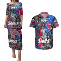 4th of July Graffiti Couples Matching Puletasi and Hawaiian Shirt with Statue of Liberty and American Independence Street Art Design - Wonder Print Shop