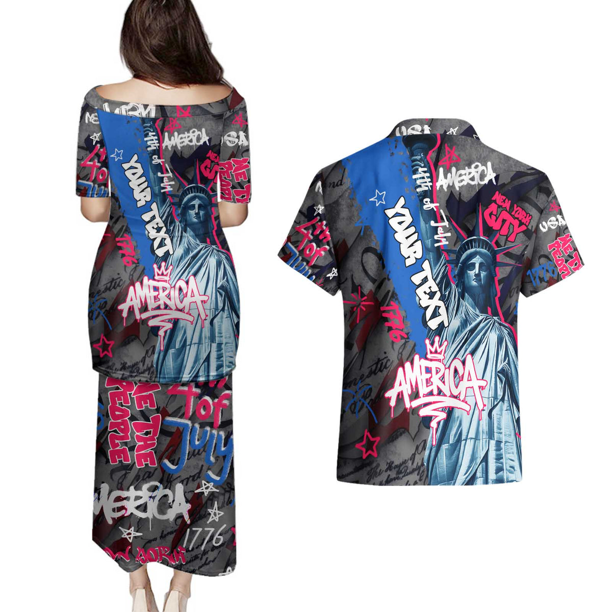 4th of July Graffiti Couples Matching Puletasi and Hawaiian Shirt with Statue of Liberty and American Independence Street Art Design - Wonder Print Shop