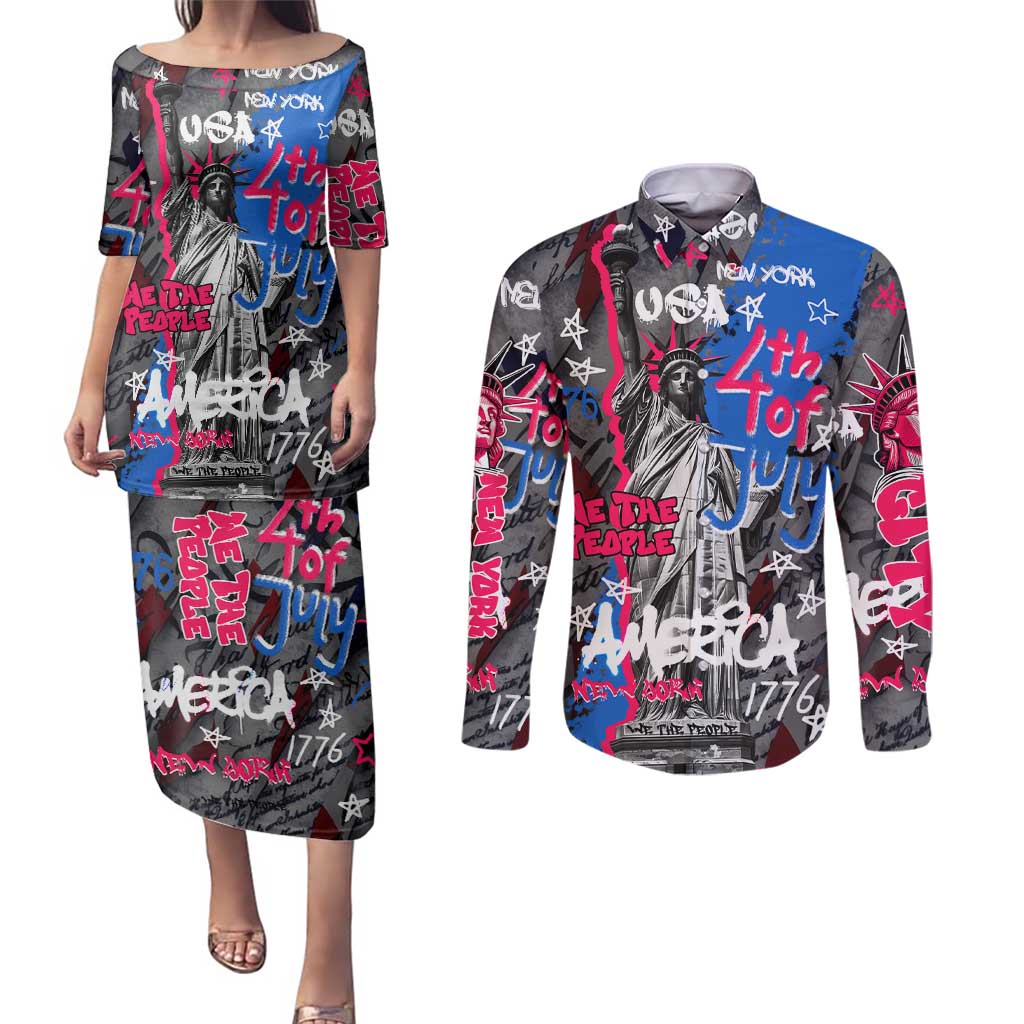 4th of July Graffiti Couples Matching Puletasi and Long Sleeve Button Shirt with Statue of Liberty and American Independence Street Art Design - Wonder Print Shop