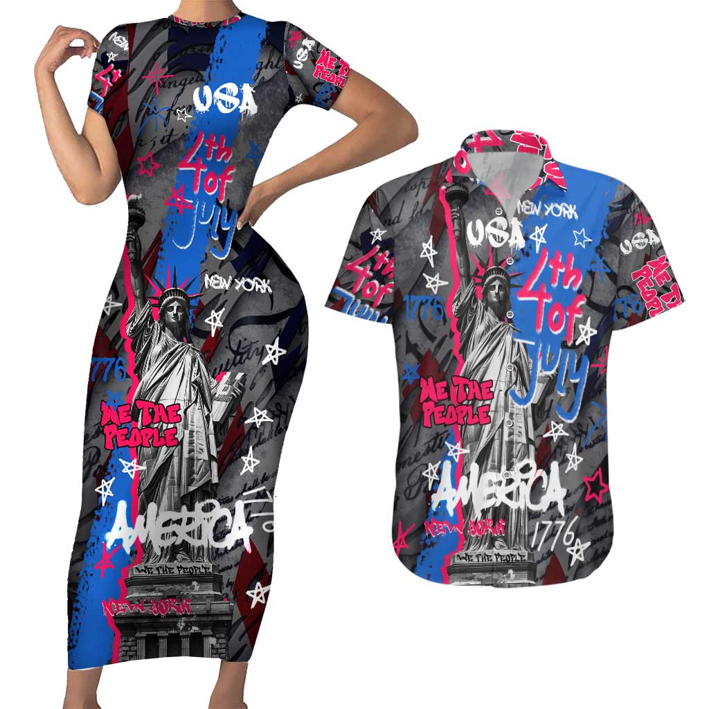 4th of July Graffiti Couples Matching Short Sleeve Bodycon Dress and Hawaiian Shirt with Statue of Liberty and American Independence Street Art Design - Wonder Print Shop