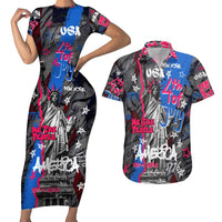 4th of July Graffiti Couples Matching Short Sleeve Bodycon Dress and Hawaiian Shirt with Statue of Liberty and American Independence Street Art Design - Wonder Print Shop
