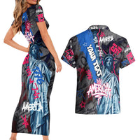 4th of July Graffiti Couples Matching Short Sleeve Bodycon Dress and Hawaiian Shirt with Statue of Liberty and American Independence Street Art Design - Wonder Print Shop