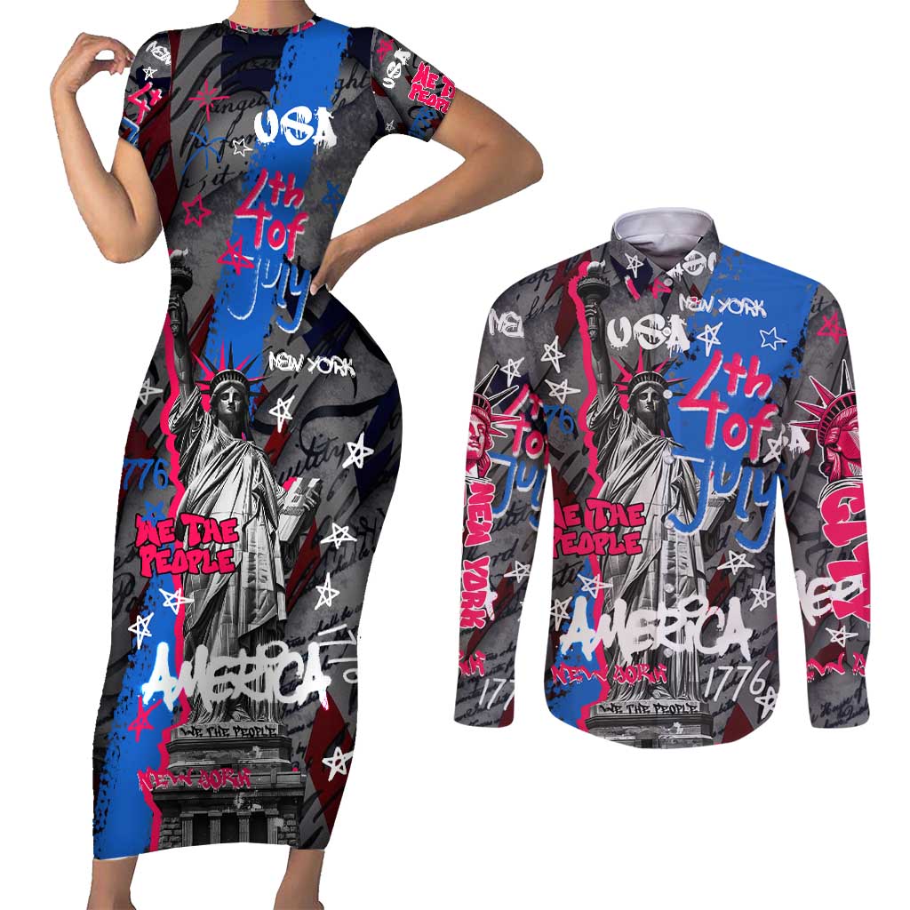 4th of July Graffiti Couples Matching Short Sleeve Bodycon Dress and Long Sleeve Button Shirt with Statue of Liberty and American Independence Street Art Design - Wonder Print Shop