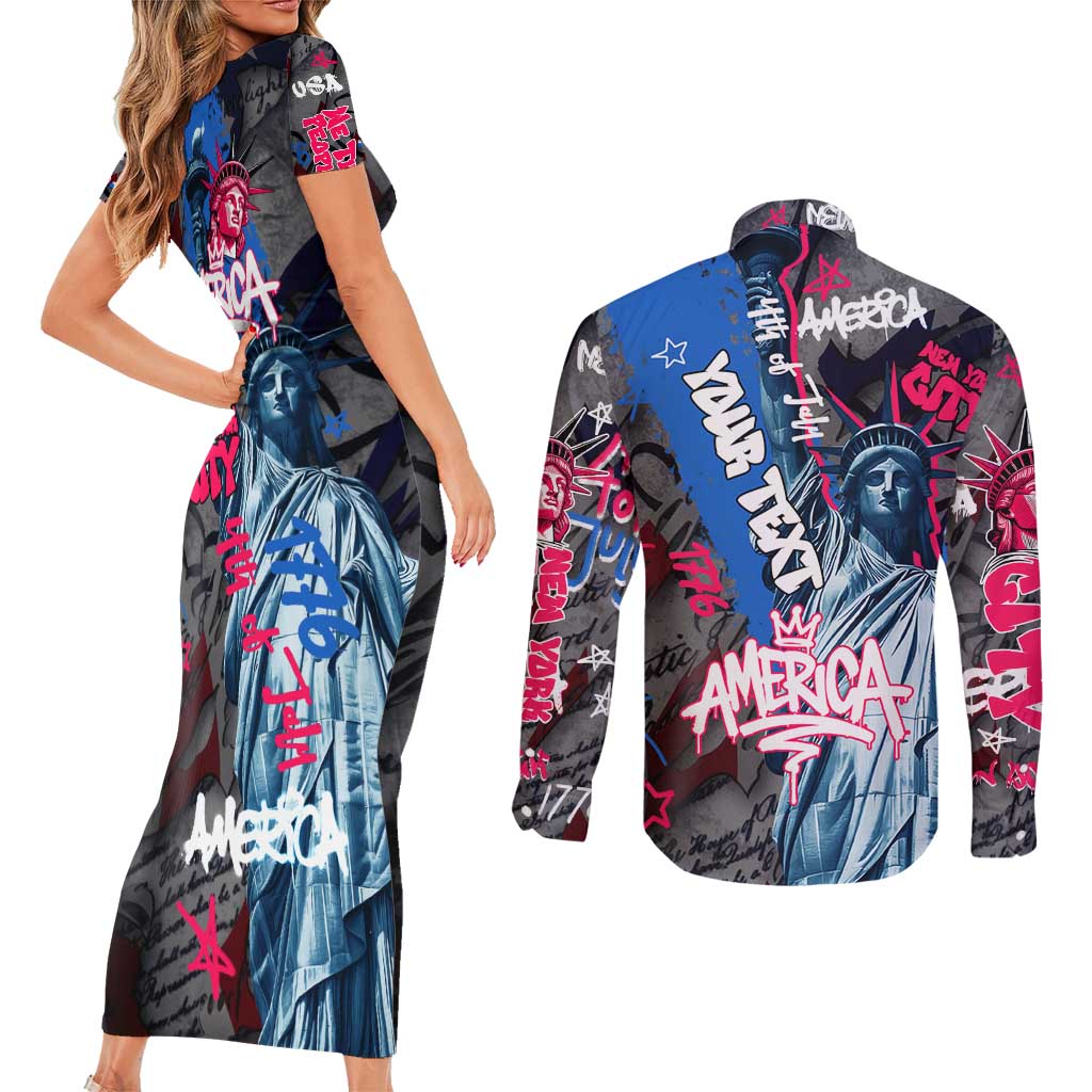 4th of July Graffiti Couples Matching Short Sleeve Bodycon Dress and Long Sleeve Button Shirt with Statue of Liberty and American Independence Street Art Design - Wonder Print Shop