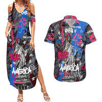 4th of July Graffiti Couples Matching Summer Maxi Dress and Hawaiian Shirt with Statue of Liberty and American Independence Street Art Design - Wonder Print Shop
