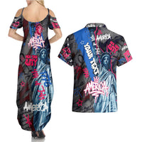 4th of July Graffiti Couples Matching Summer Maxi Dress and Hawaiian Shirt with Statue of Liberty and American Independence Street Art Design - Wonder Print Shop