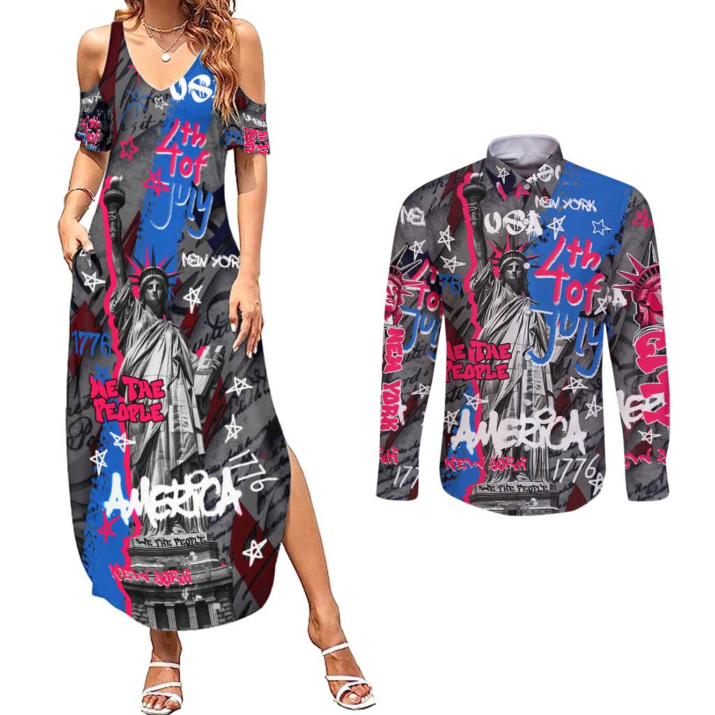 4th of July Graffiti Couples Matching Summer Maxi Dress and Long Sleeve Button Shirt with Statue of Liberty and American Independence Street Art Design - Wonder Print Shop
