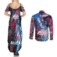 4th of July Graffiti Couples Matching Summer Maxi Dress and Long Sleeve Button Shirt with Statue of Liberty and American Independence Street Art Design - Wonder Print Shop