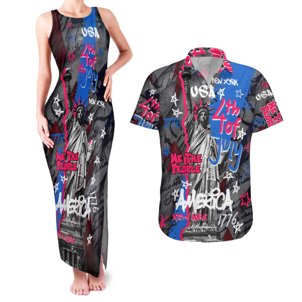4th of July Graffiti Couples Matching Tank Maxi Dress and Hawaiian Shirt with Statue of Liberty and American Independence Street Art Design - Wonder Print Shop