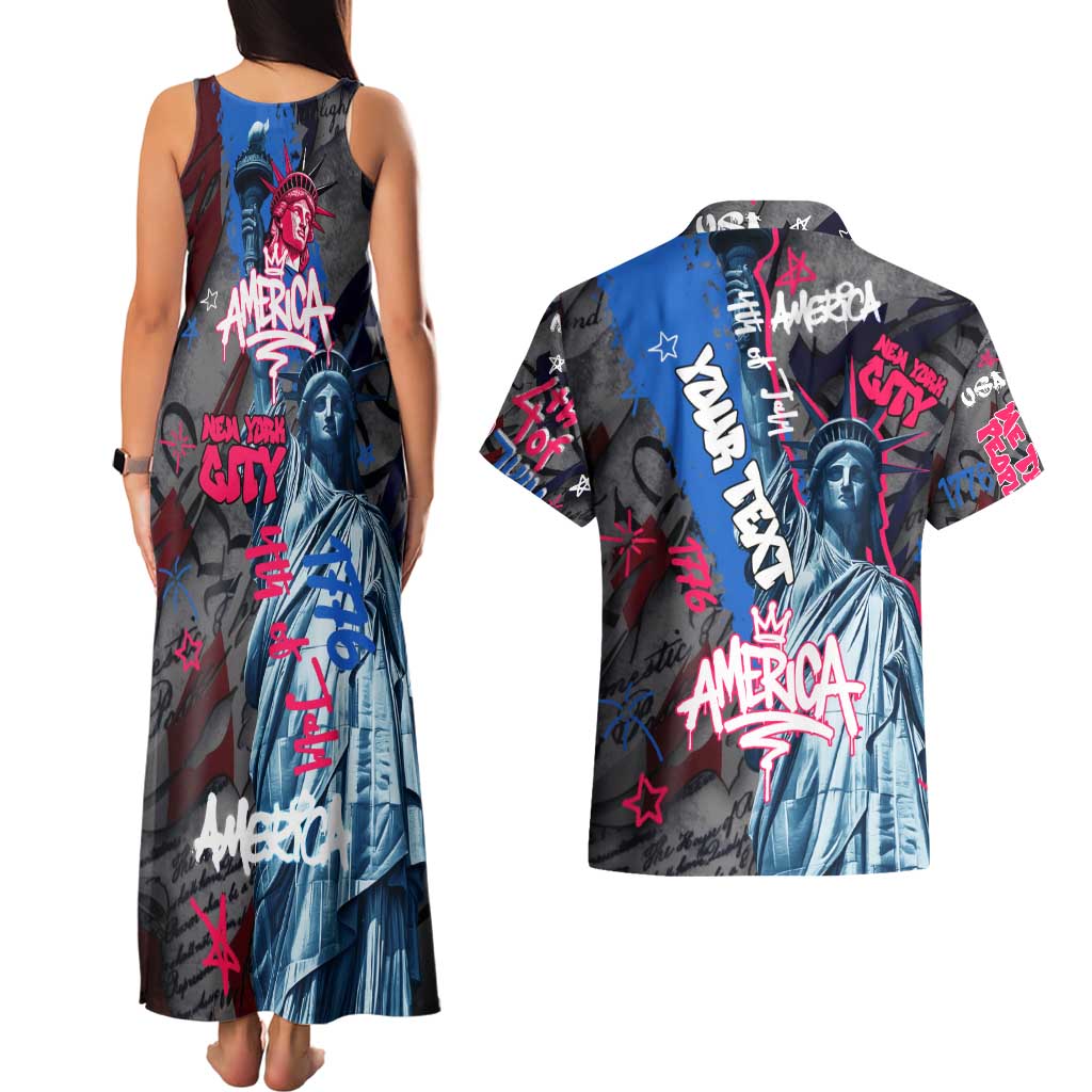 4th of July Graffiti Couples Matching Tank Maxi Dress and Hawaiian Shirt with Statue of Liberty and American Independence Street Art Design - Wonder Print Shop