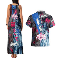 4th of July Graffiti Couples Matching Tank Maxi Dress and Hawaiian Shirt with Statue of Liberty and American Independence Street Art Design - Wonder Print Shop