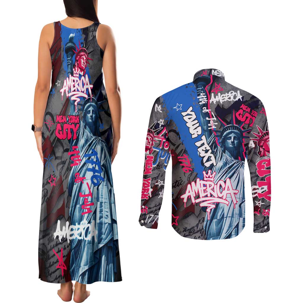 4th of July Graffiti Couples Matching Tank Maxi Dress and Long Sleeve Button Shirt with Statue of Liberty and American Independence Street Art Design - Wonder Print Shop