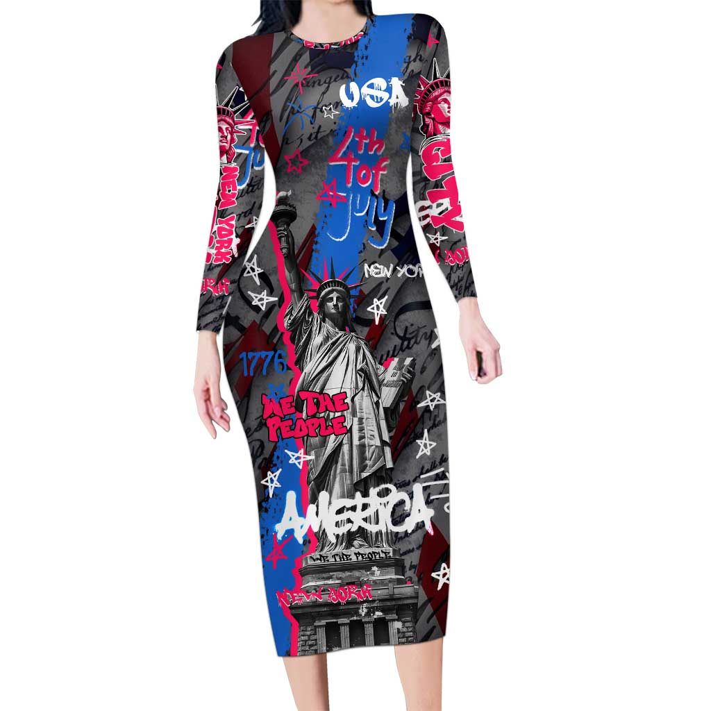 4th of July Graffiti Family Matching Long Sleeve Bodycon Dress and Hawaiian Shirt with Statue of Liberty and American Independence Street Art Design - Wonder Print Shop