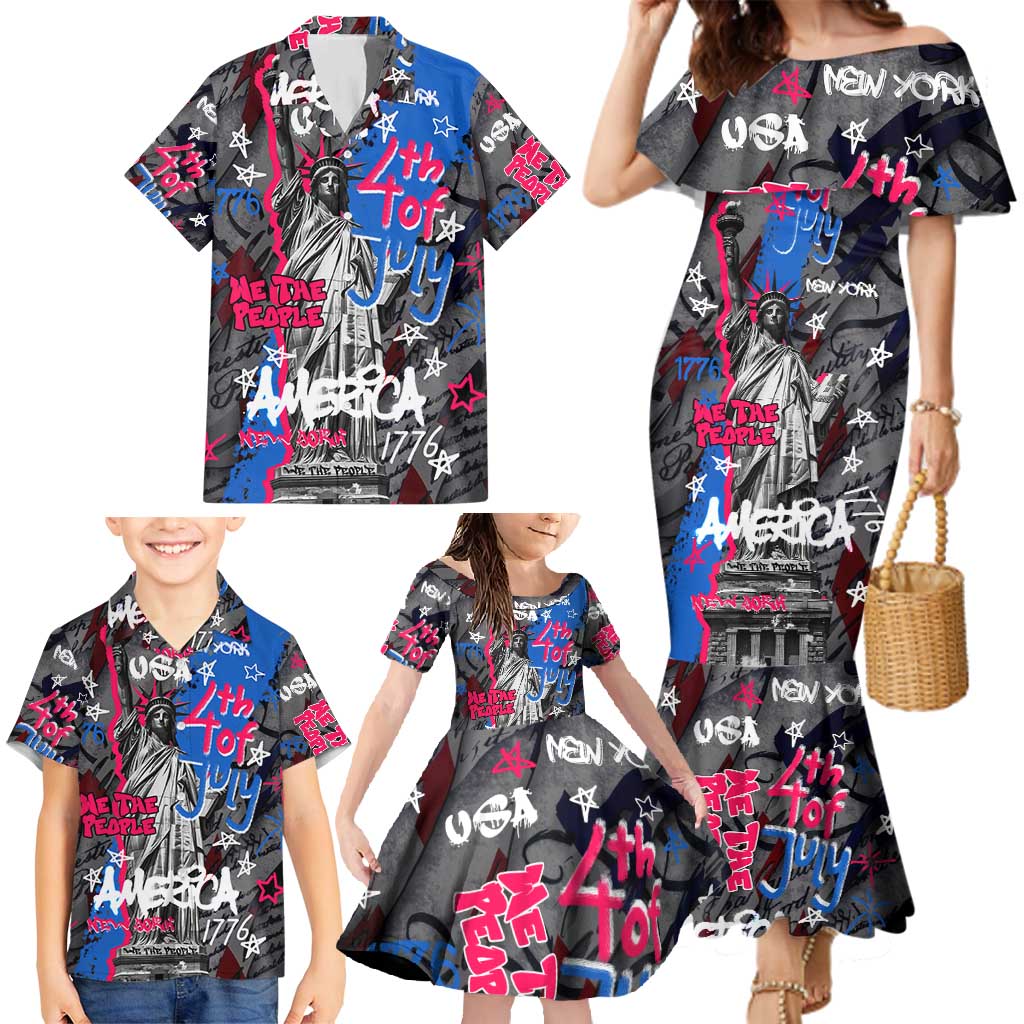 4th of July Graffiti Family Matching Mermaid Dress and Hawaiian Shirt with Statue of Liberty and American Independence Street Art Design - Wonder Print Shop