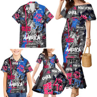 4th of July Graffiti Family Matching Mermaid Dress and Hawaiian Shirt with Statue of Liberty and American Independence Street Art Design - Wonder Print Shop