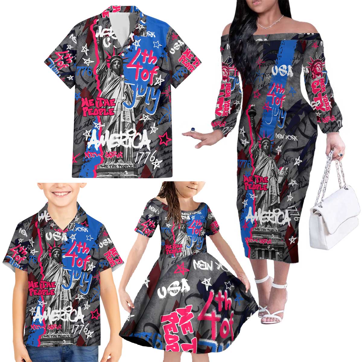 4th of July Graffiti Family Matching Off The Shoulder Long Sleeve Dress and Hawaiian Shirt with Statue of Liberty and American Independence Street Art Design - Wonder Print Shop