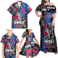 4th of July Graffiti Family Matching Off Shoulder Maxi Dress and Hawaiian Shirt with Statue of Liberty and American Independence Street Art Design - Wonder Print Shop