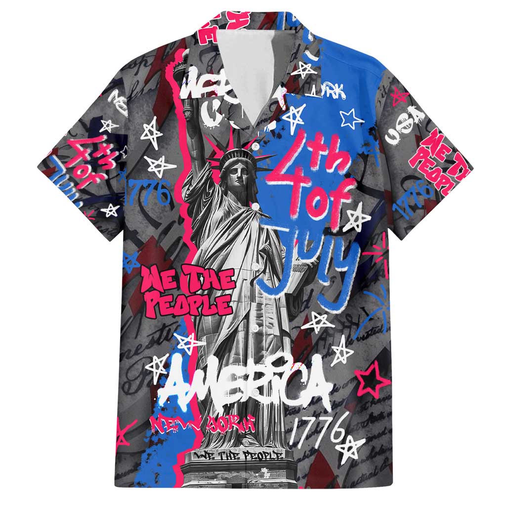 4th of July Graffiti Family Matching Off Shoulder Maxi Dress and Hawaiian Shirt with Statue of Liberty and American Independence Street Art Design - Wonder Print Shop